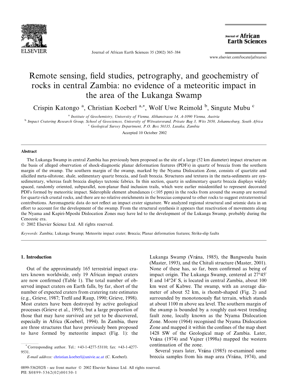 No Evidence of a Meteoritic Impact in the Area of the Lukanga Swamp