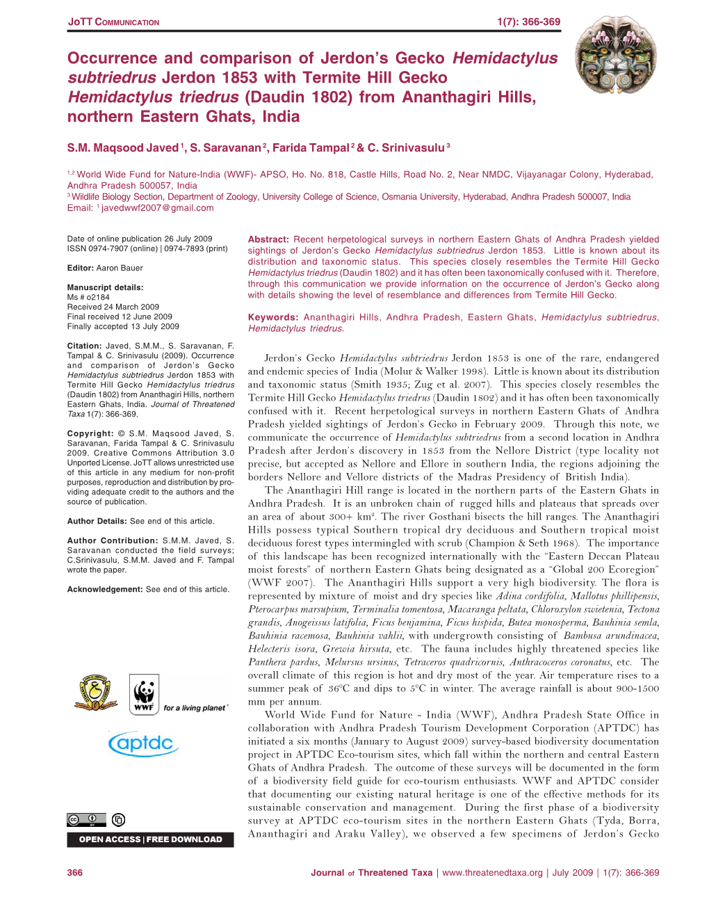 Occurrence and Comparison of Jerdon's Gecko Hemidactylus