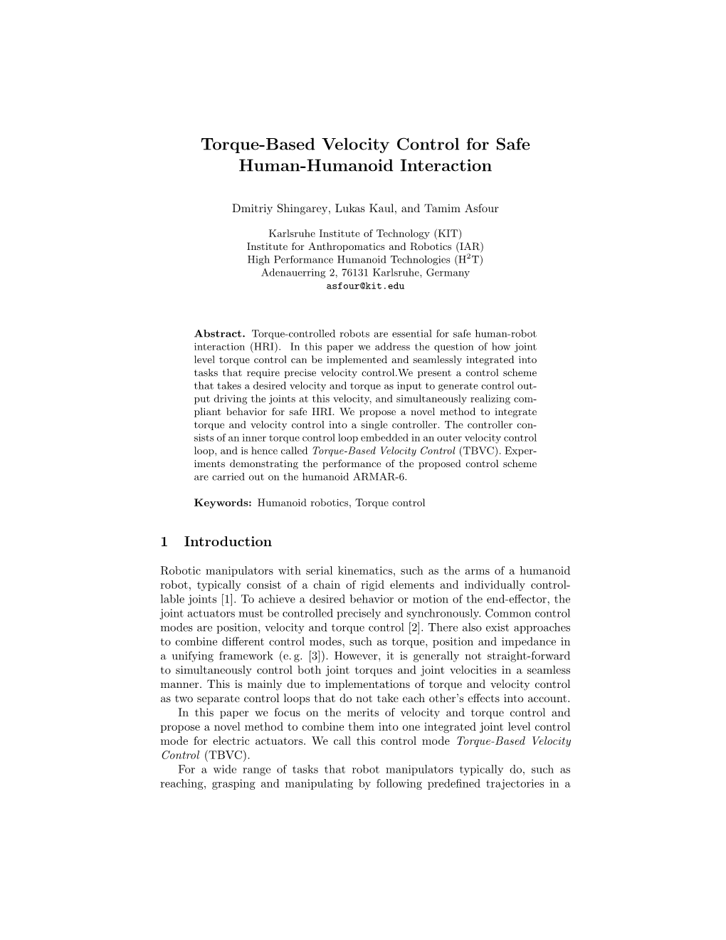 Torque-Based Velocity Control for Safe Human-Humanoid Interaction