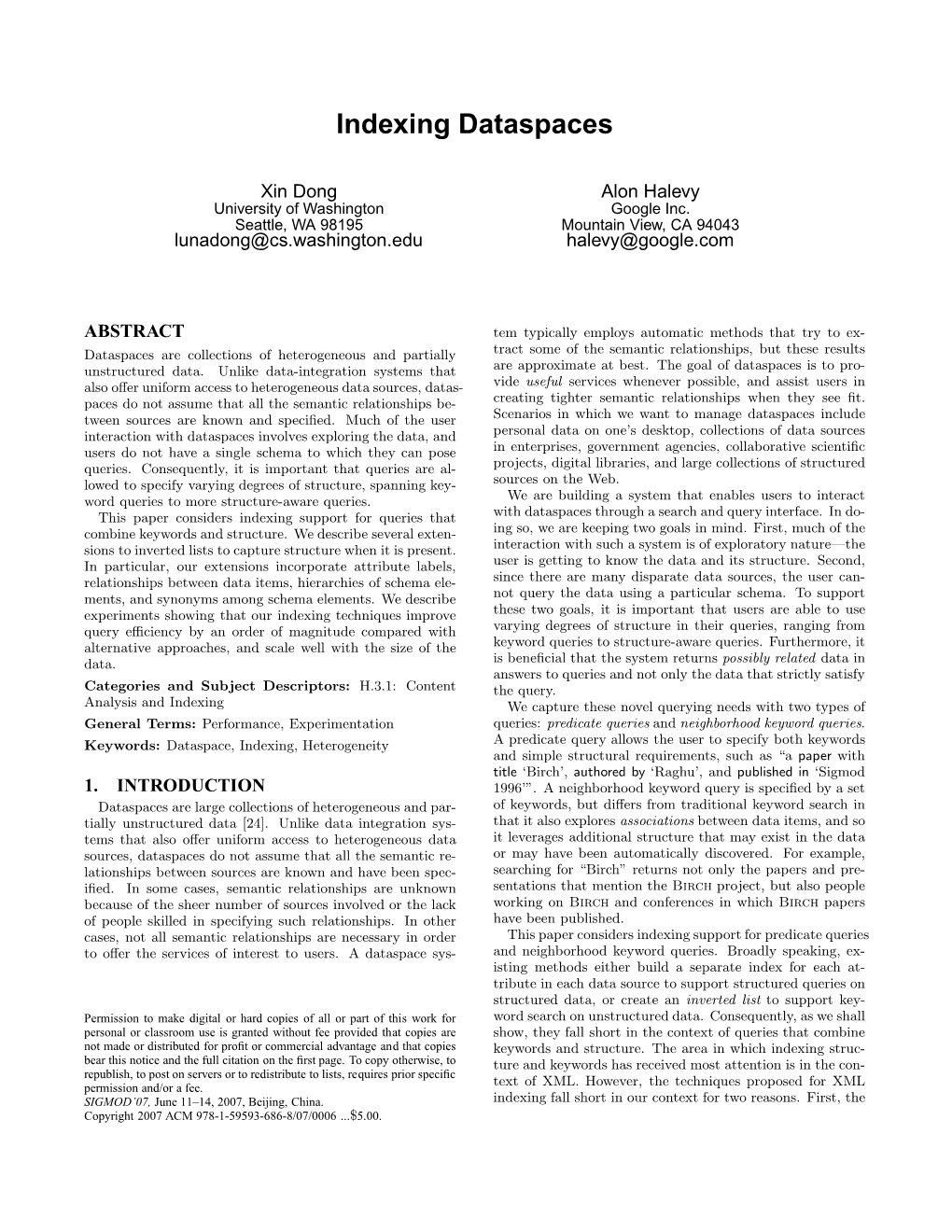 Indexing Dataspaces