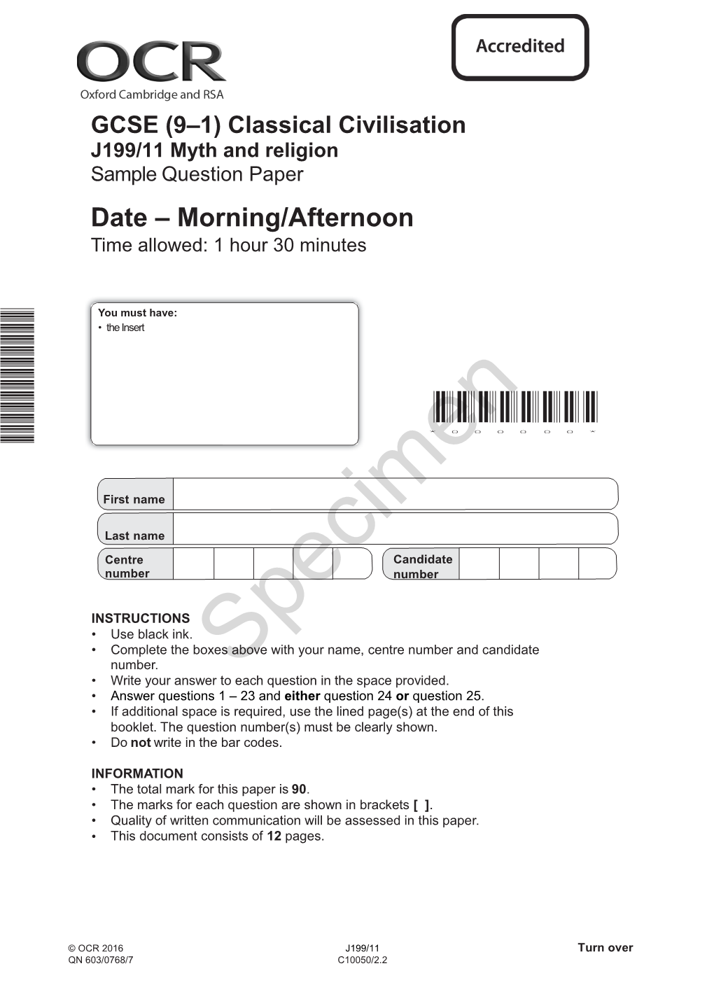 Classical Civilisation J199/11 Myth and Religion Sample Question Paper