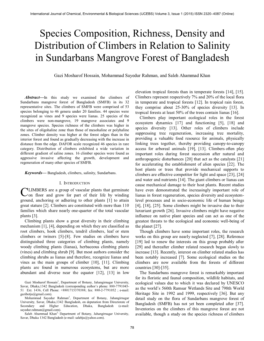 Species Composition, Richness, Density and Distribution of Climbers in Relation to Salinity in Sundarbans Mangrove Forest of Bangladesh