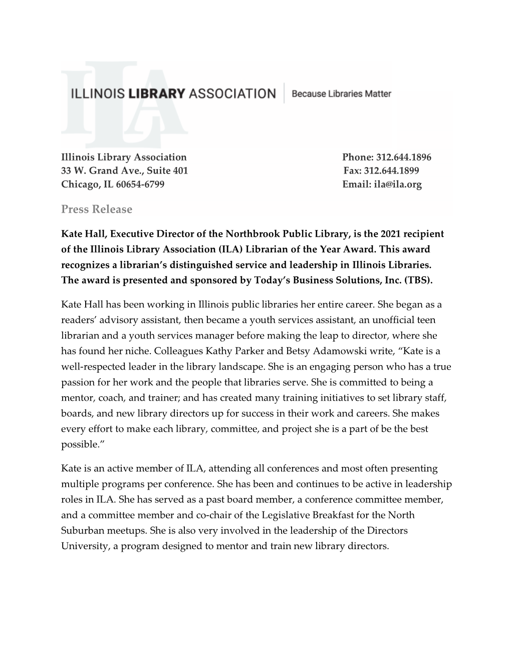 2021 Librarian of the Year Award Press Release