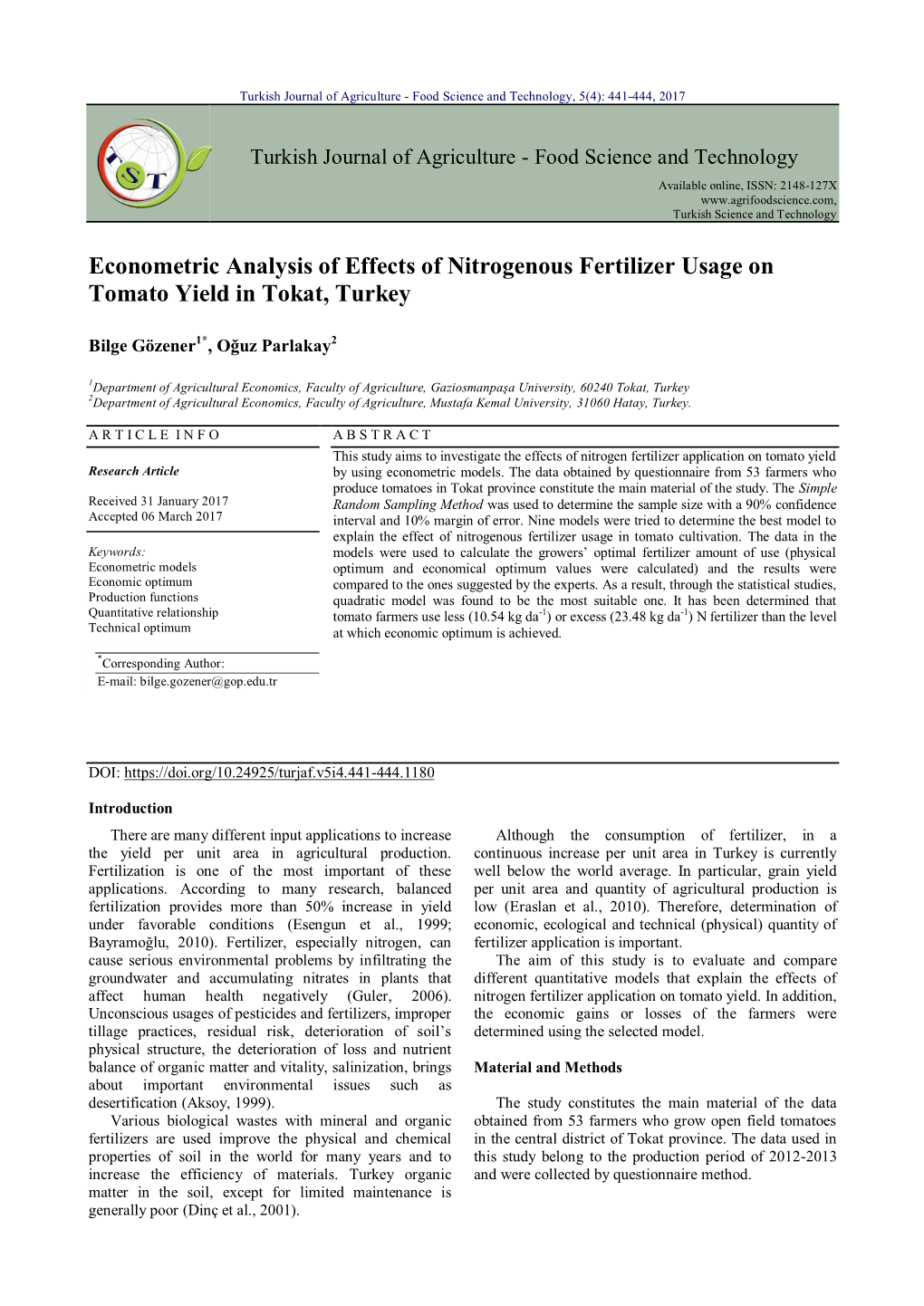 Econometric Analysis of Effects of Nitrogenous Fertilizer Usage on Tomato Yield in Tokat, Turkey