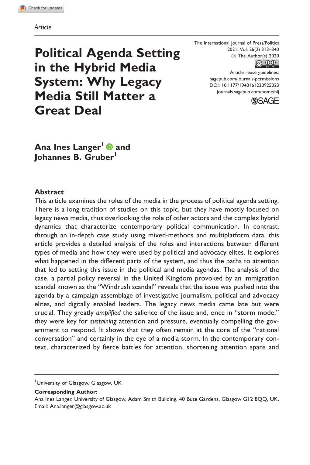 Political Agenda Setting in the Hybrid Media System the Roles of the News Media in the Policy Process Have Been Thoroughly Studied