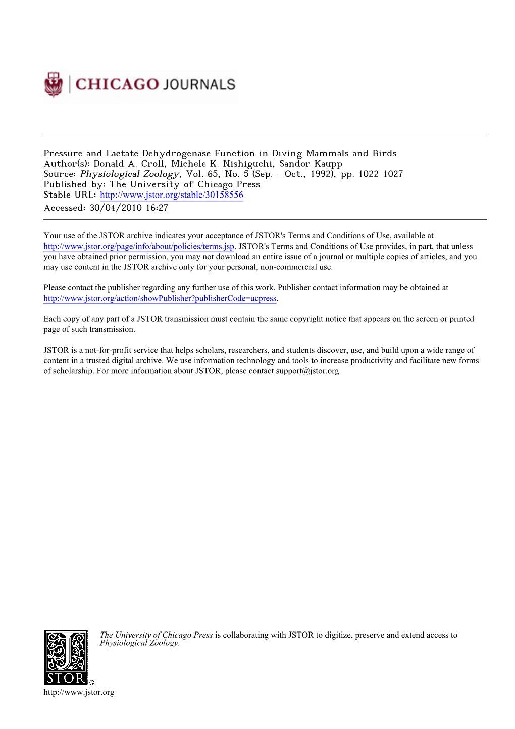 Pressure and Lactate Dehydrogenase Function in Diving Mammals and Birds Author(S): Donald A