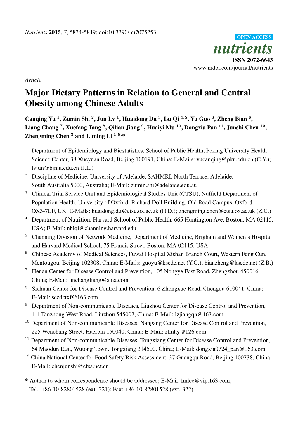 Nutrients 2015, 7, 5834-5849; Doi:10.3390/Nu7075253 OPEN ACCESS Nutrients ISSN 2072-6643