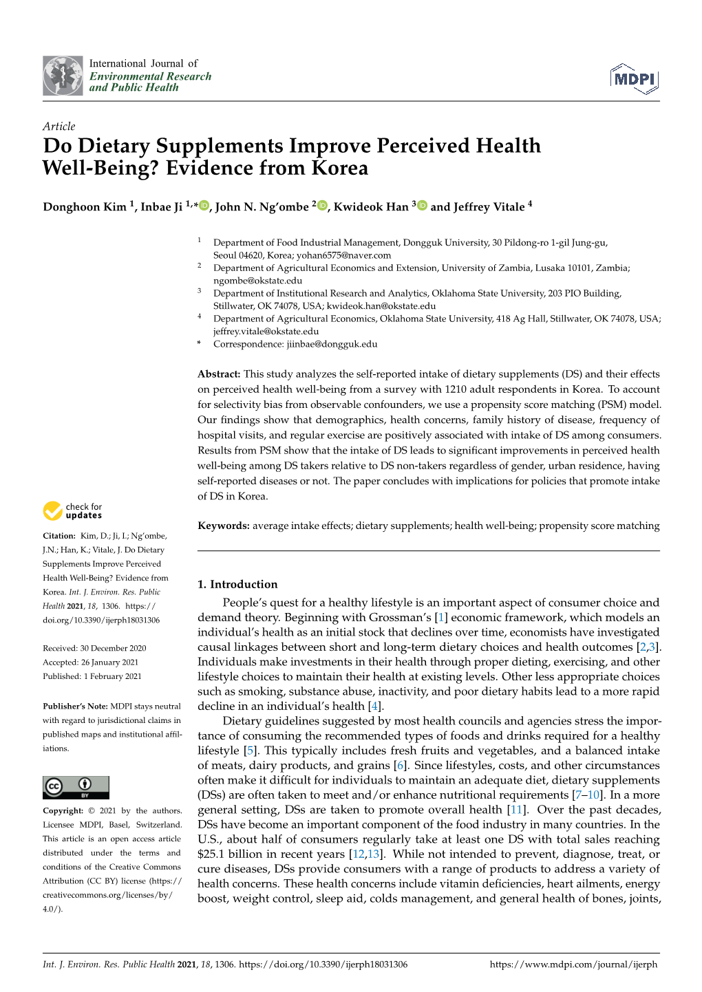 Do Dietary Supplements Improve Perceived Health Well-Being? Evidence from Korea