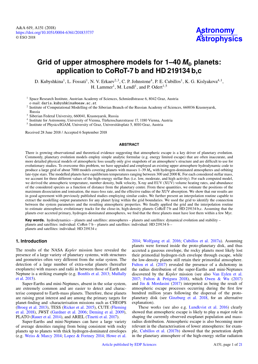 Grid of Upper Atmosphere Models for 1–40 M⊕ Planets: Application to Corot-7 B and HD 219134 B,C D