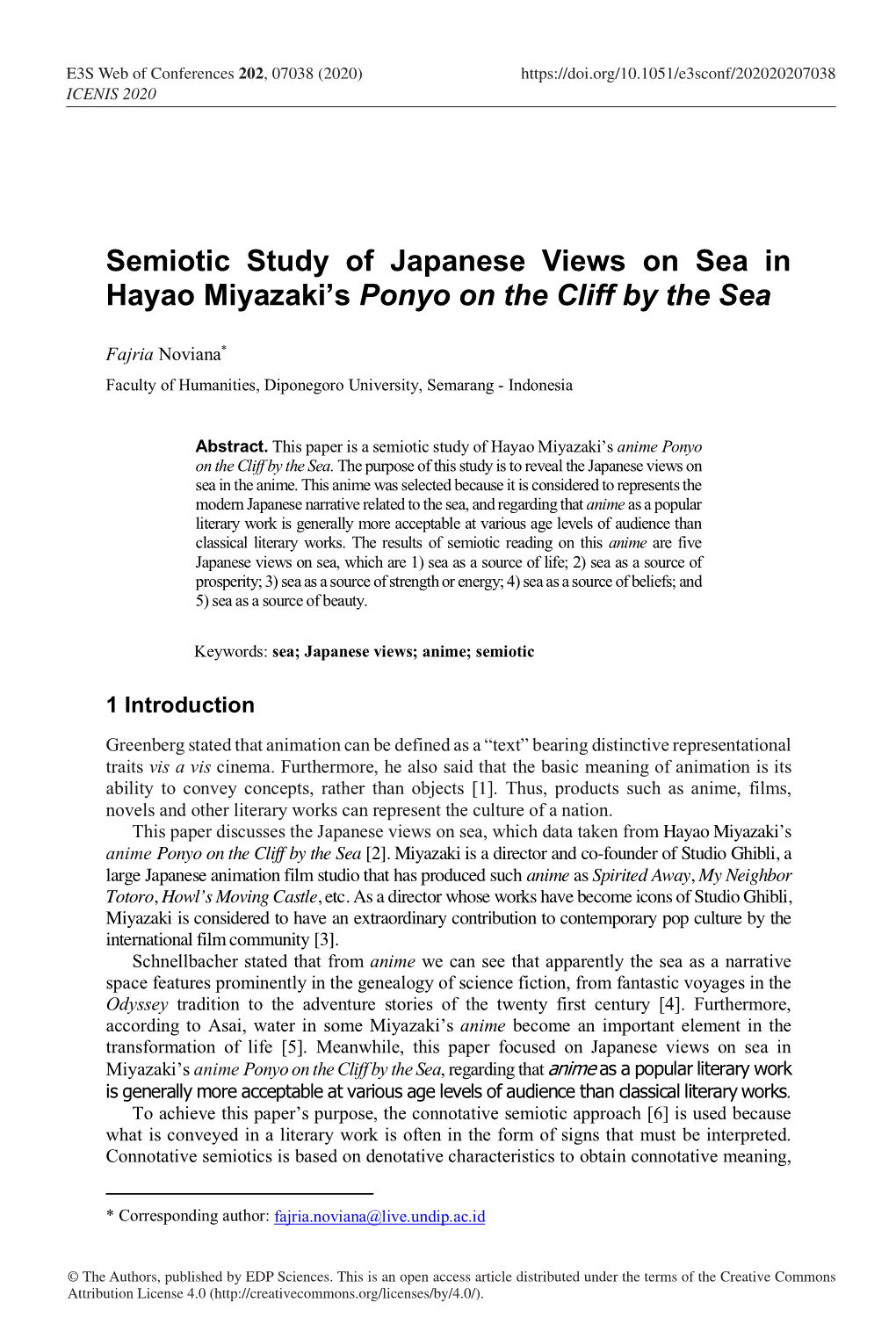 Semiotic Study of Japanese Views on Sea in Hayao Miyazaki's Ponyo on the Cliff by The