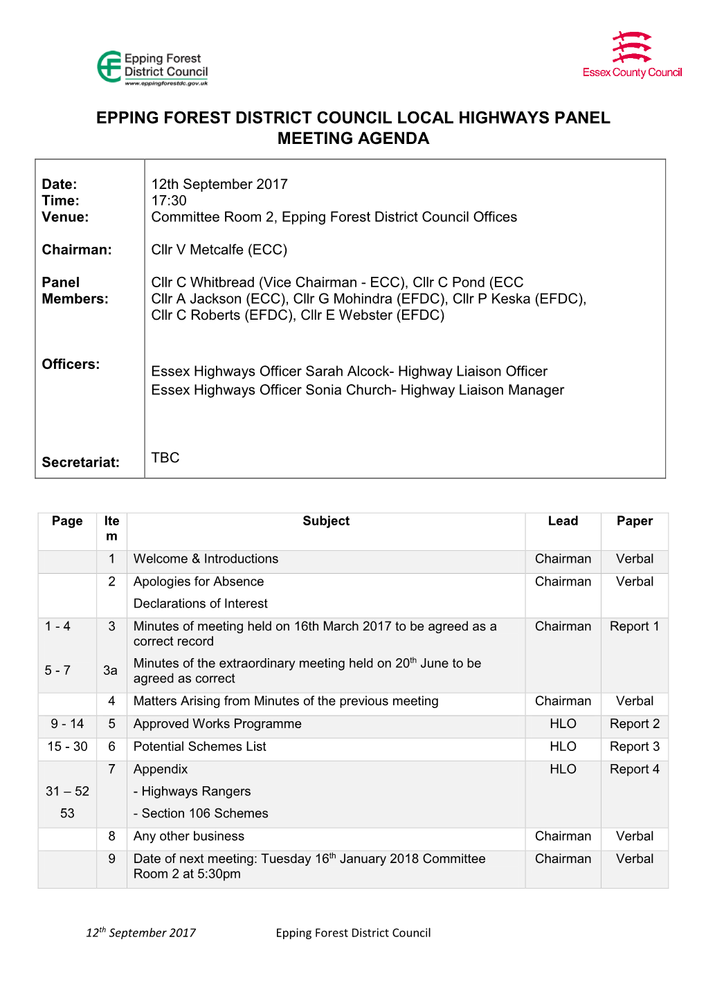 Epping Forest District Council Local Highways Panel Meeting Agenda