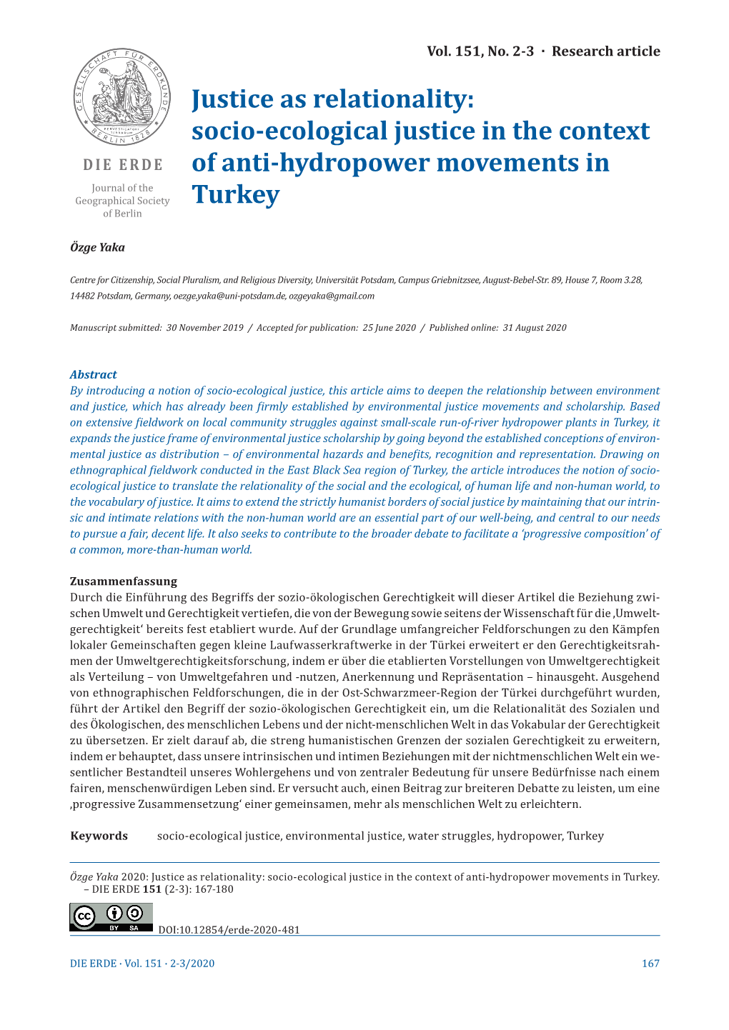 Socio-Ecological Justice in the Context of Anti-Hydropower Movements in Turkey