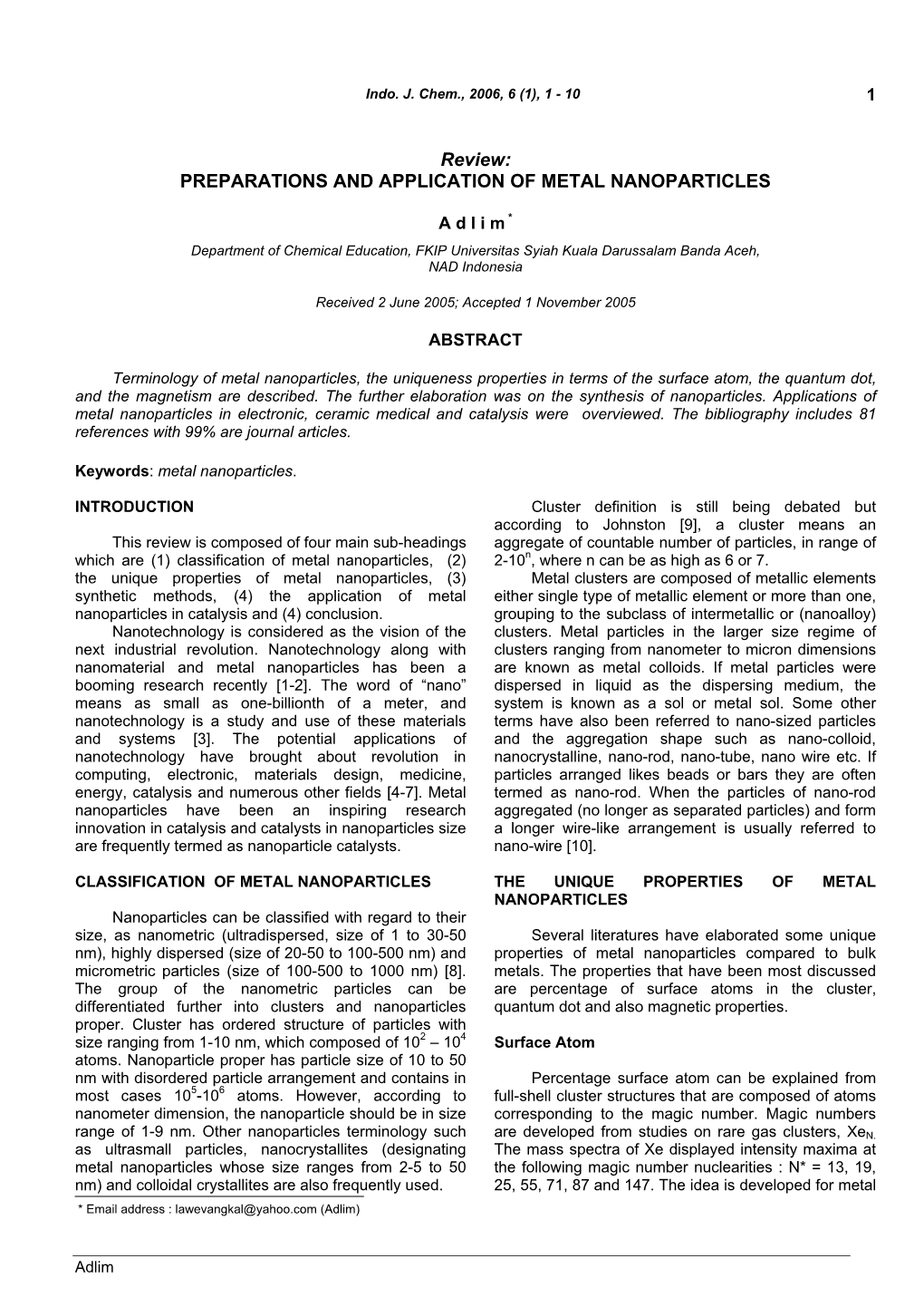 Preparations and Application of Metal Nanoparticles