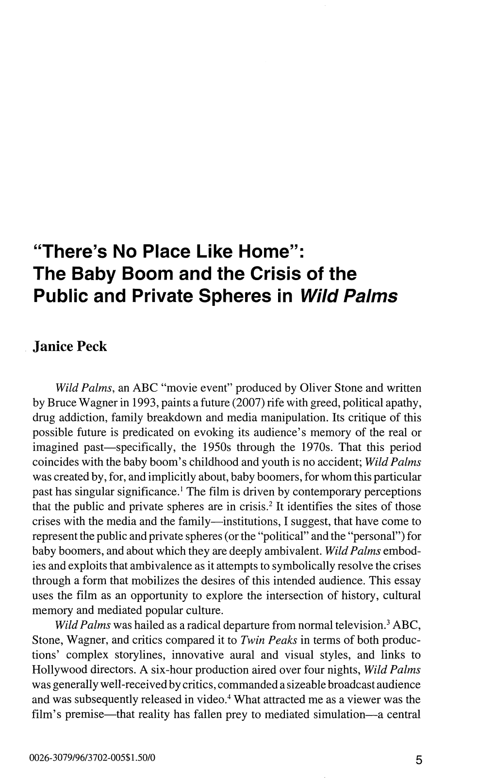 "There's No Place Like Home": the Baby Boom and the Crisis of the Public and Private Spheres in Wild Palms