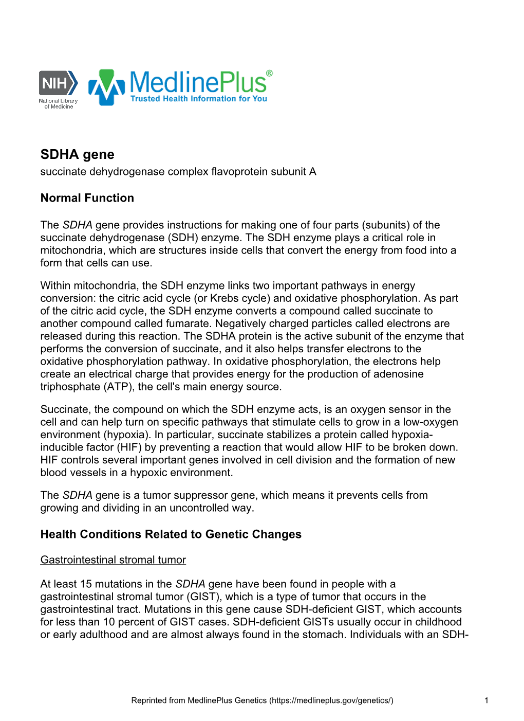 SDHA Gene Succinate Dehydrogenase Complex Flavoprotein Subunit A