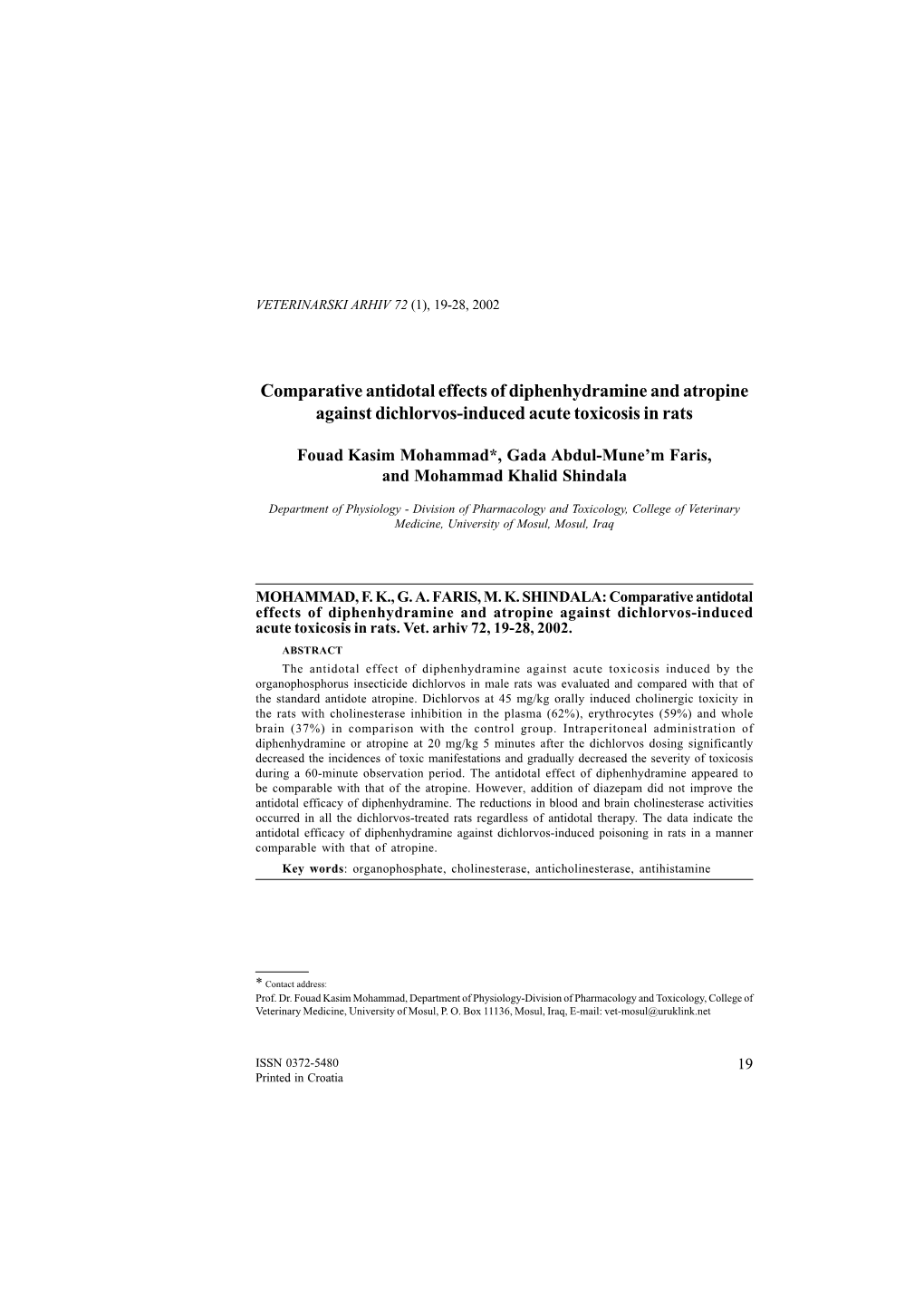 Comparative Antidotal Effects of Diphenhydramine and Atropine Against Dichlorvos-Induced Acute Toxicosis in Rats