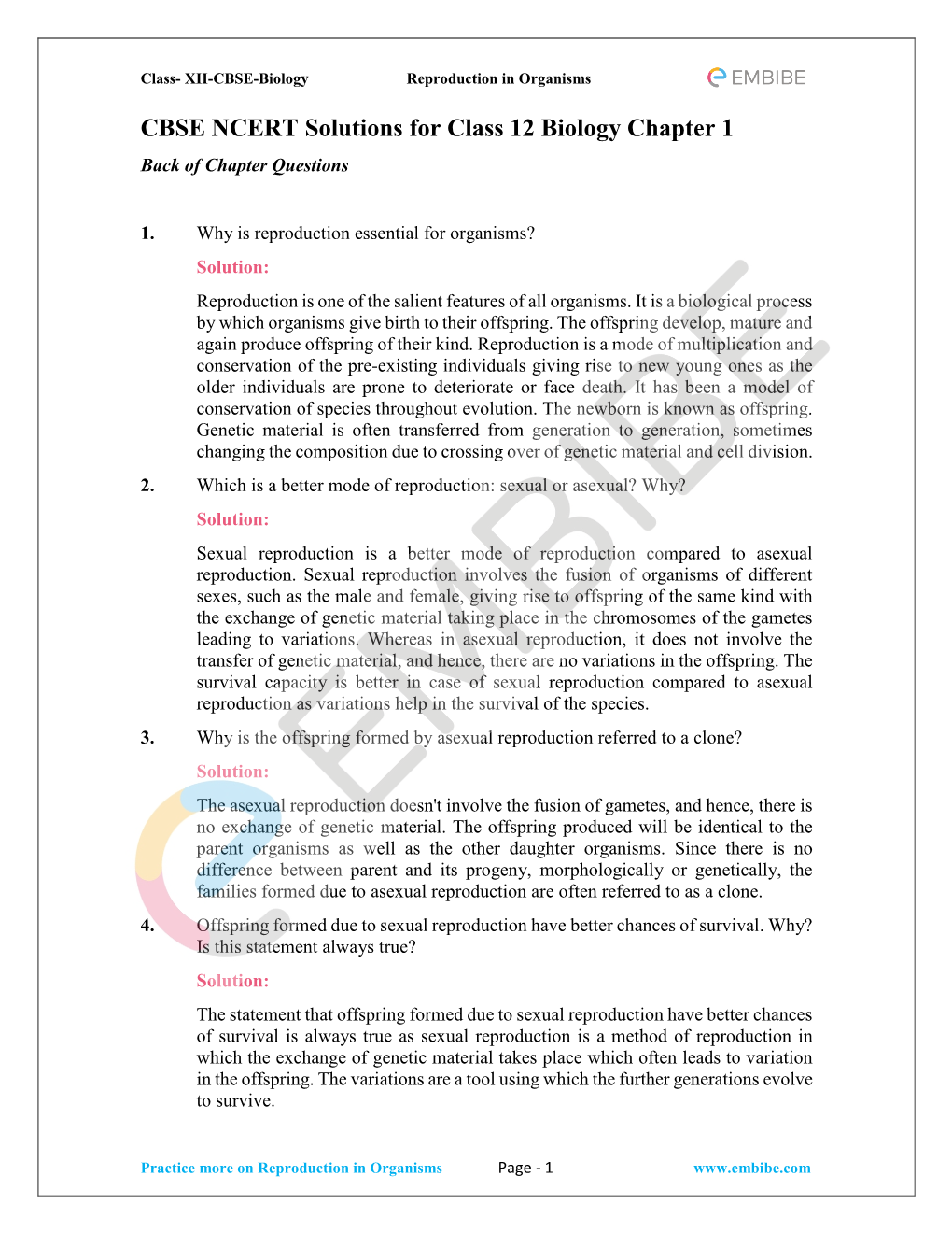 CBSE NCERT Solutions for Class 12 Biology Chapter 1 Back of Chapter Questions