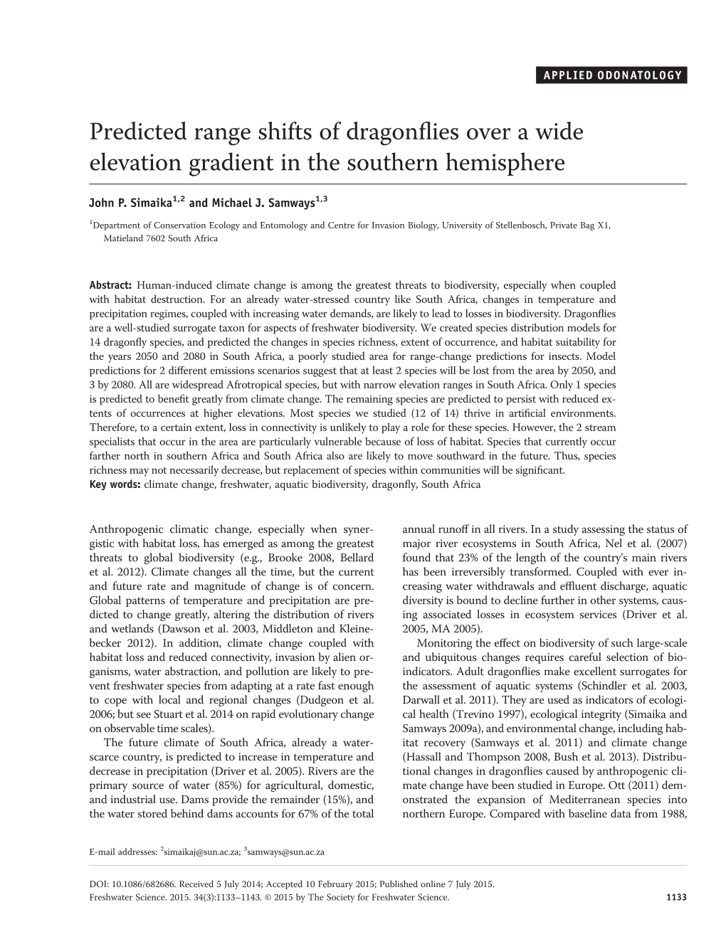 Predicted Range Shifts of Dragonflies Over a Wide Elevation Gradient In