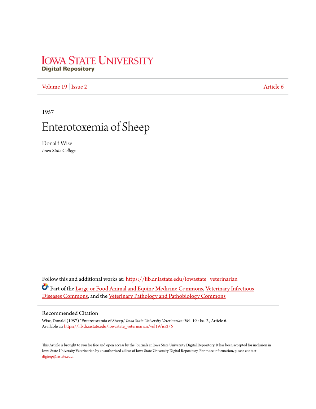 Enterotoxemia of Sheep Donald Wise Iowa State College