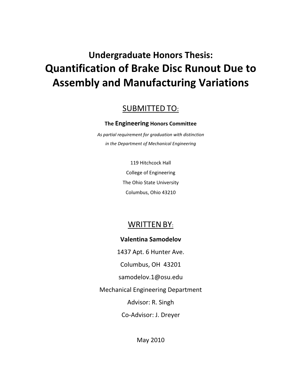 Quantification of Brake Disc Runout Due to Assembly and Manufacturing Variations