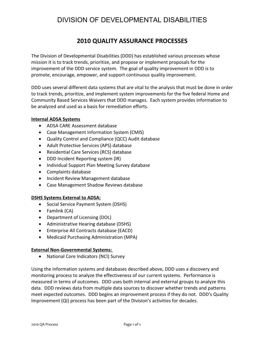 2010 Quality Assurance Processes