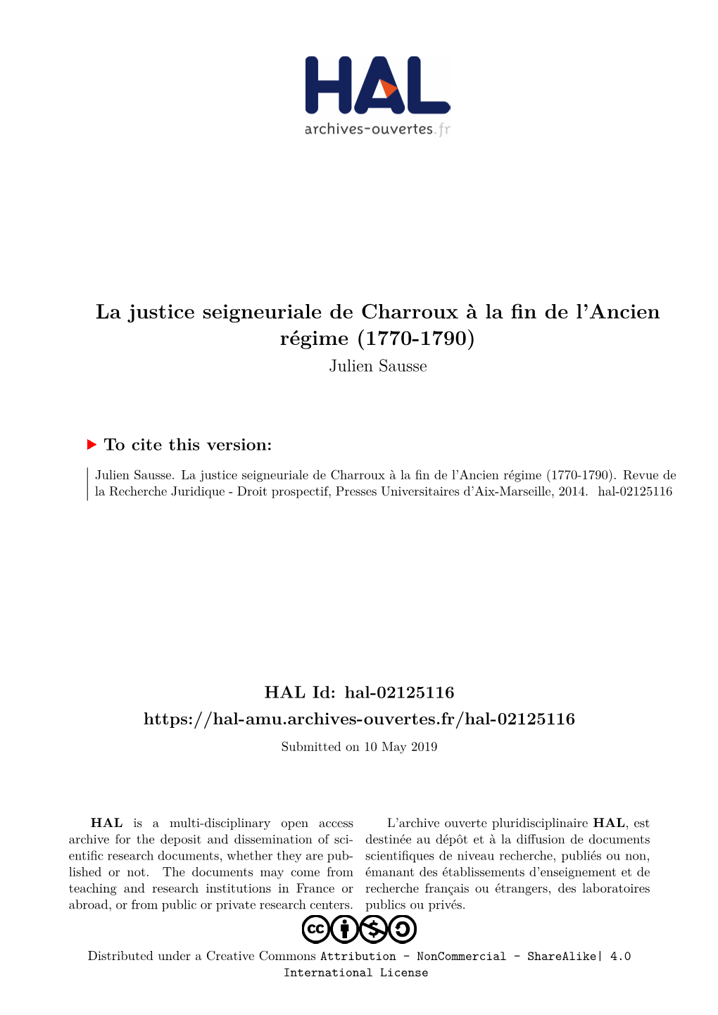 La Justice Seigneuriale De Charroux À La Fin De L'ancien Régime (1770-1790)