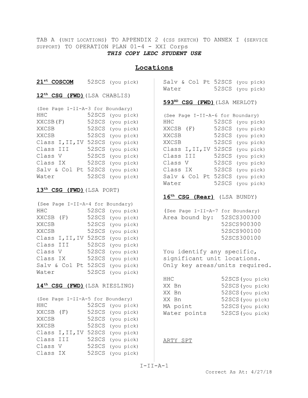 Tab a (Unit Locations) to App 1 (Css Sketch) to Anx I (Svc Spt) to Oplan 01-4 - Xxicorps