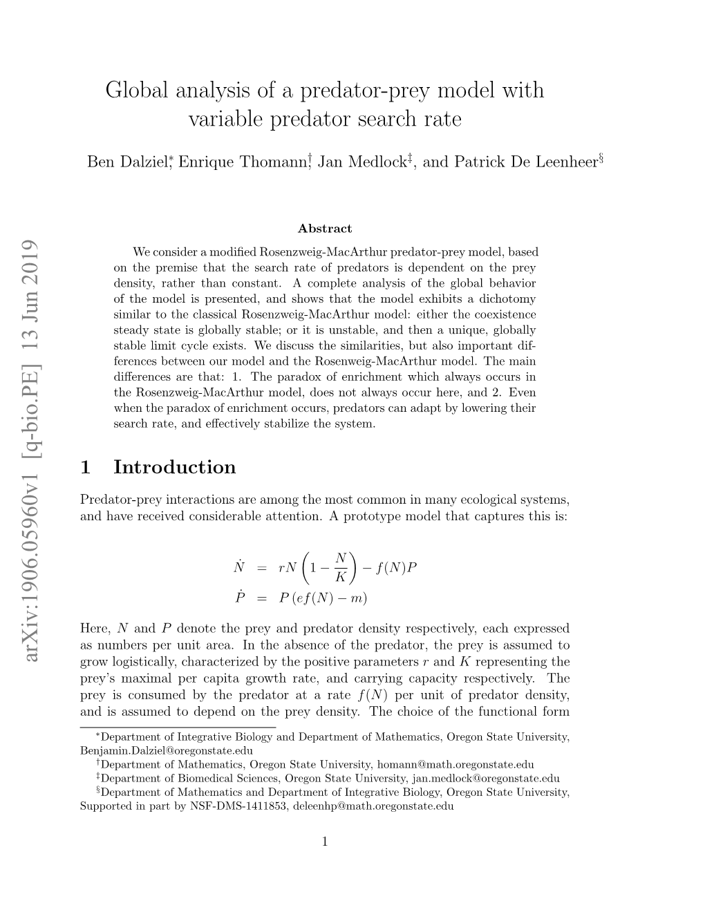 Global Analysis of a Predator-Prey Model with Variable Predator Search Rate