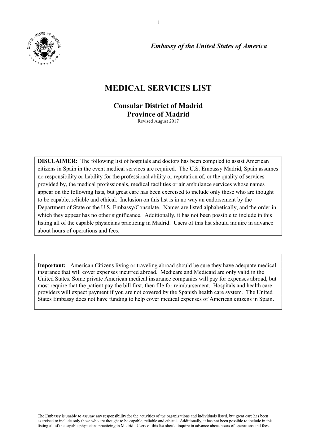 Medical Services List