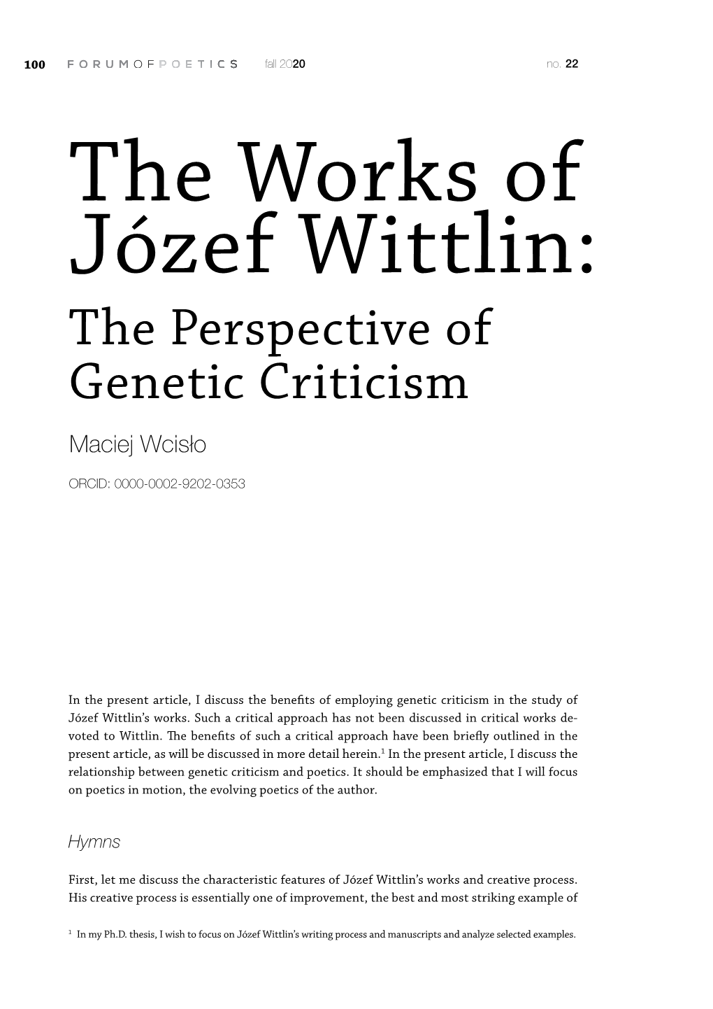 The Works of Józef Wittlin: the Perspective of Genetic Criticism Maciej Wcisło