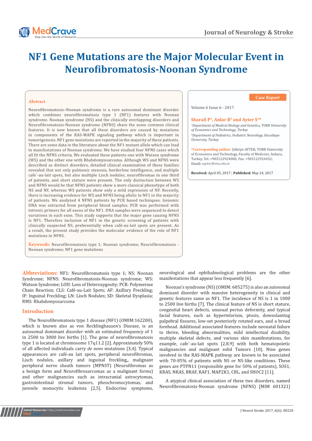 NF1 Gene Mutations Are the Major Molecular Event in Neurofibromatosis-Noonan Syndrome