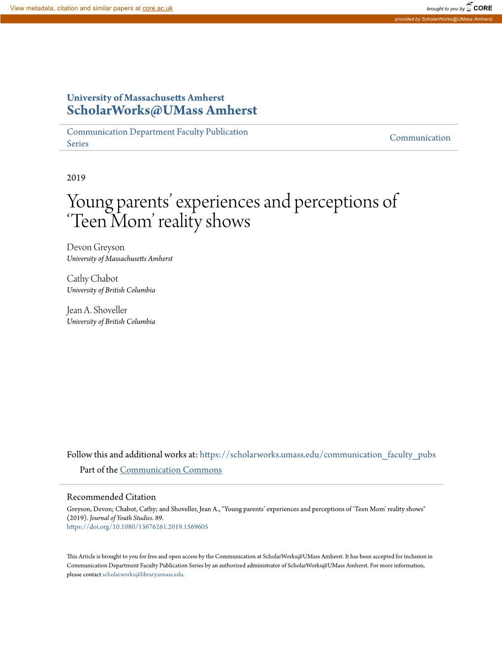 Young Parents' Experiences and Perceptions of 'Teen Mom' Reality Shows