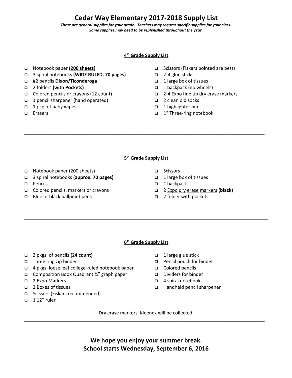 4Th Grade Supply List