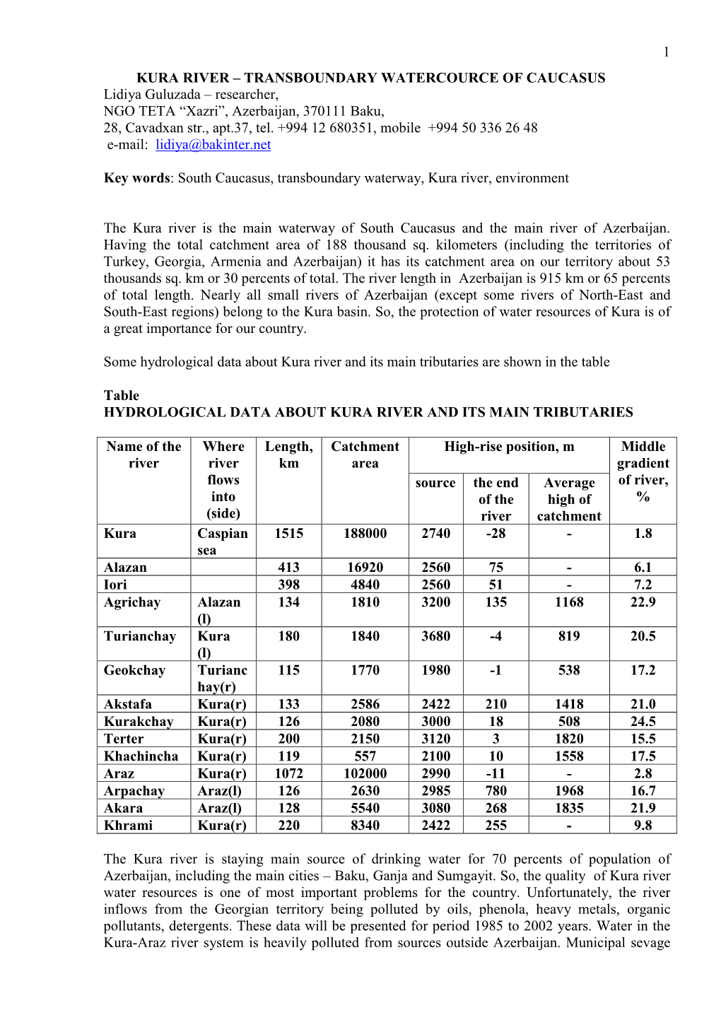 KURA RIVER – TRANSBOUNDARY WATERCOURCE of CAUCASUS Lidiya Guluzada – Researcher, NGO TETA “Xazri”, Azerbaijan, 370111 Baku, 28, Cavadxan Str., Apt.37, Tel