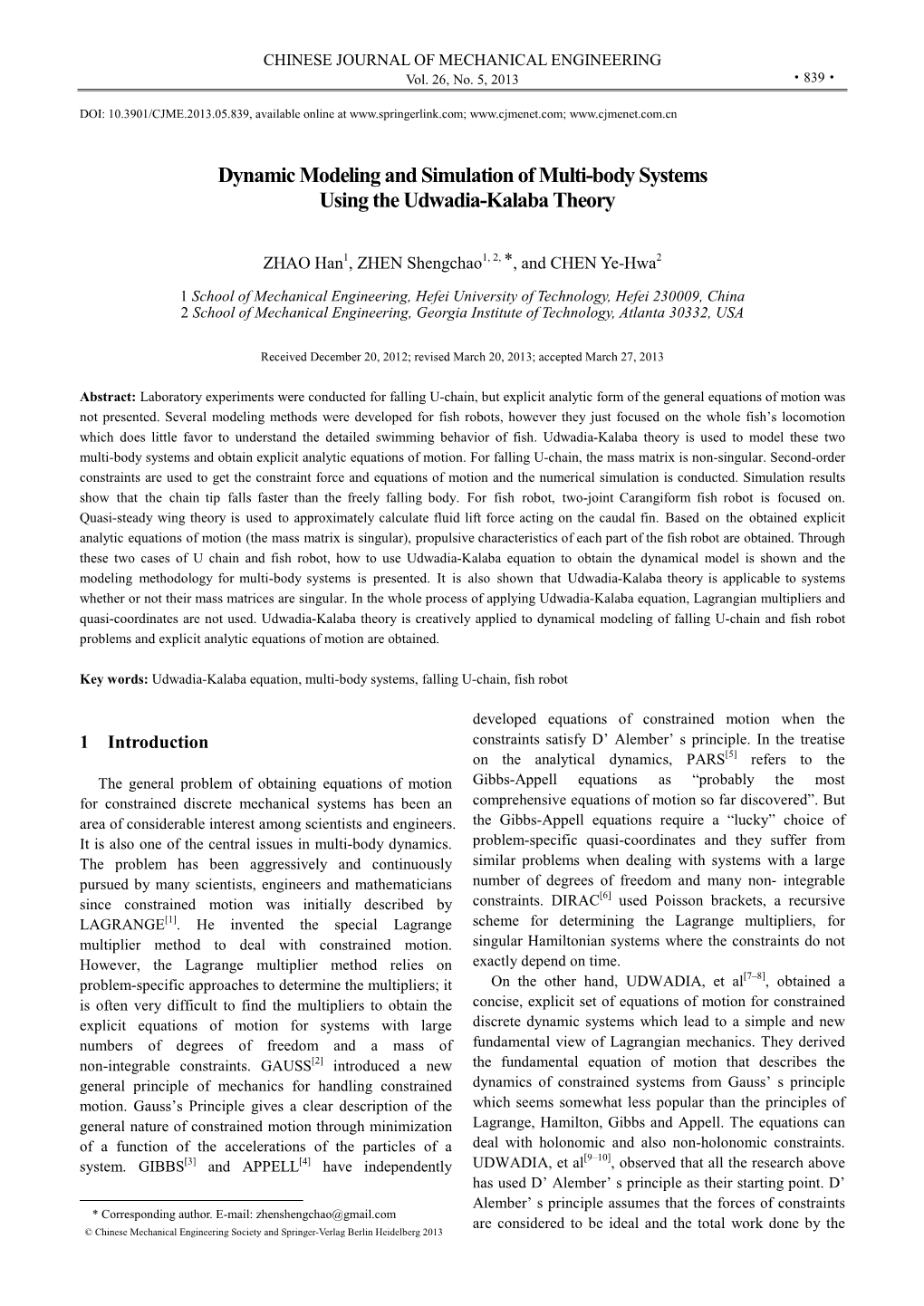 Dynamic Modeling and Simulation of Multi-Body Systems Using the Udwadia-Kalaba Theory