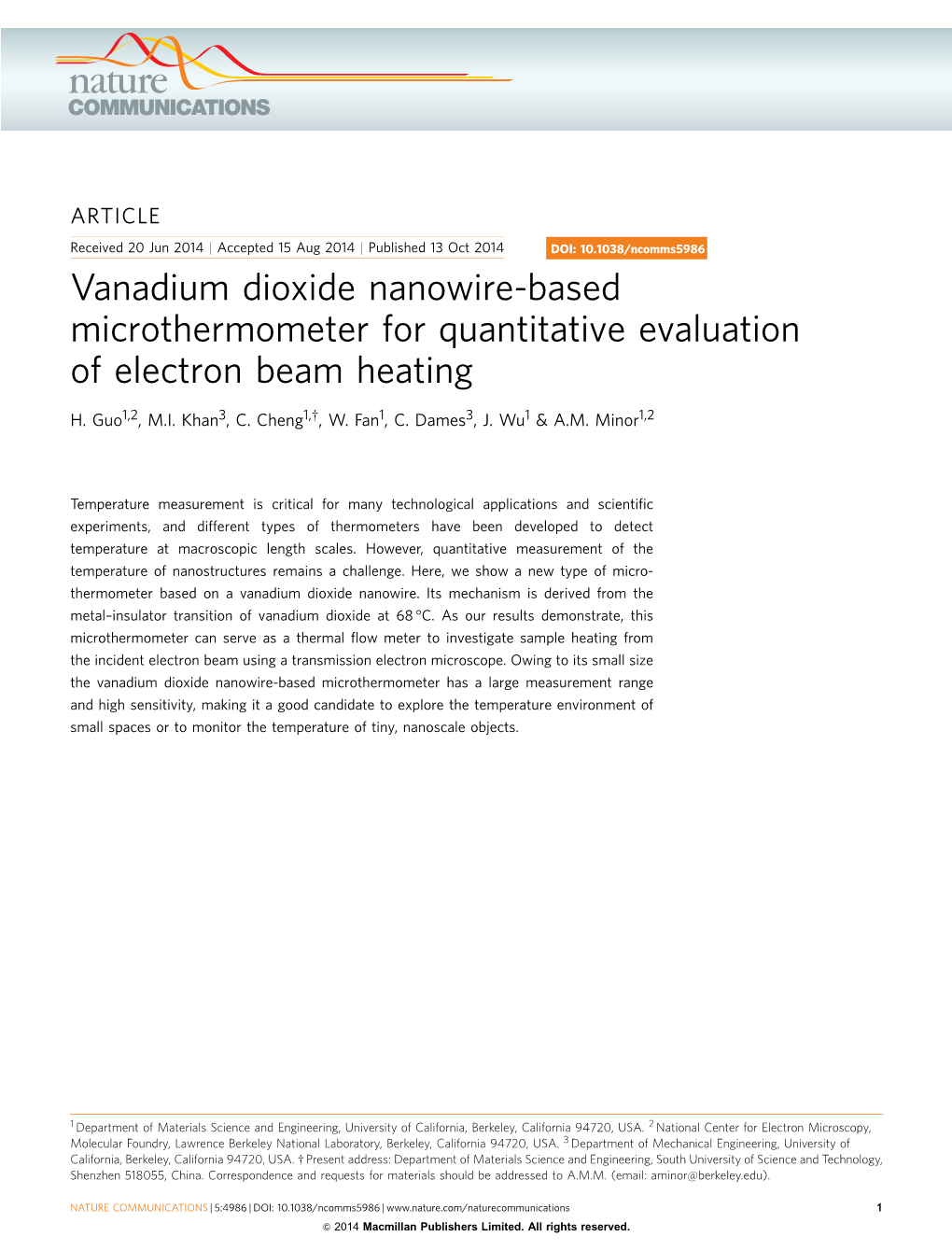 Vanadium Dioxide Nanowire-Based Microthermometer for Quantitative Evaluation of Electron Beam Heating