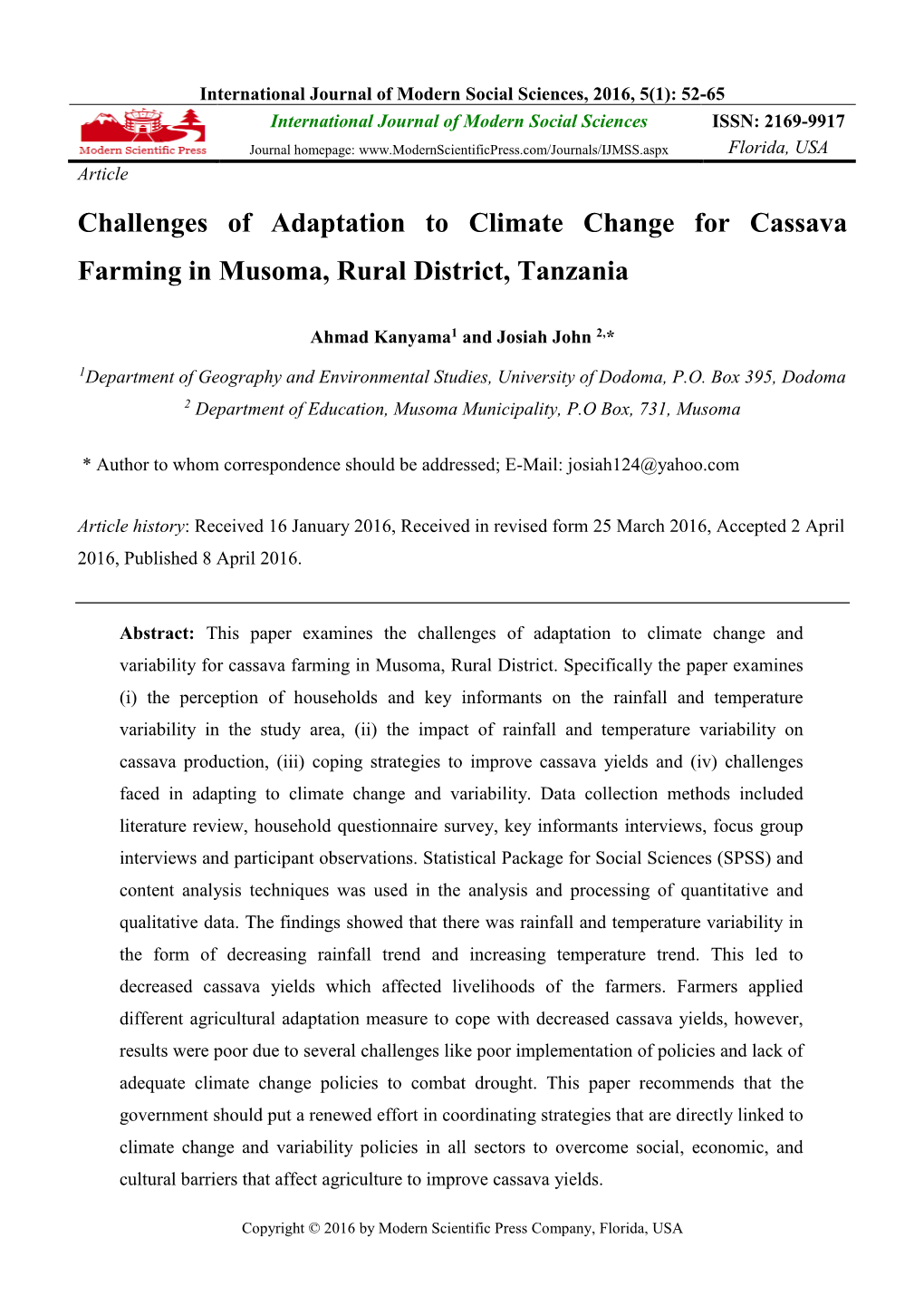 Challenges of Adaptation to Climate Change for Cassava Farming in Musoma, Rural District, Tanzania