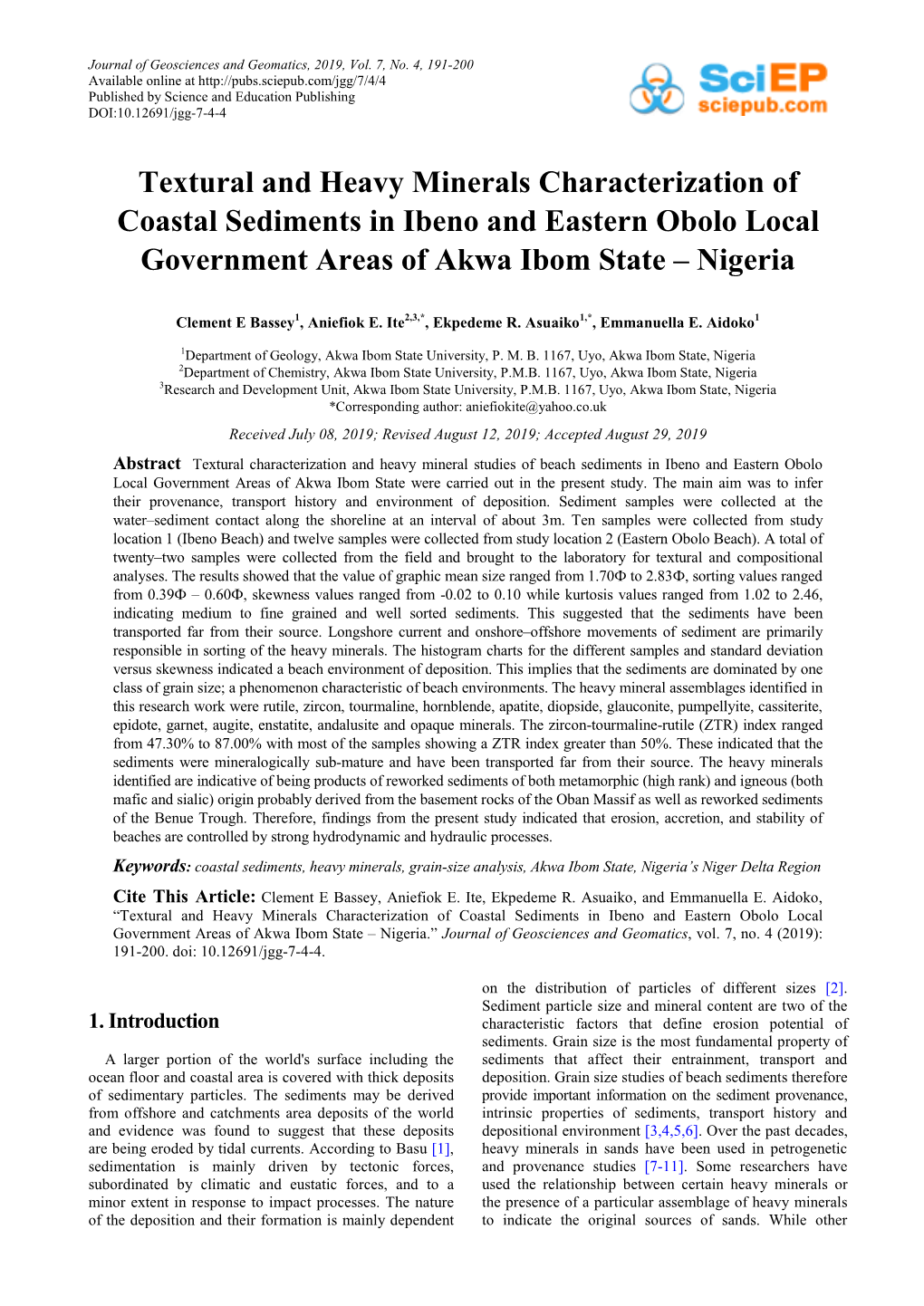 Textural and Heavy Minerals Characterization of Coastal Sediments in Ibeno and Eastern Obolo Local Government Areas of Akwa Ibom State – Nigeria