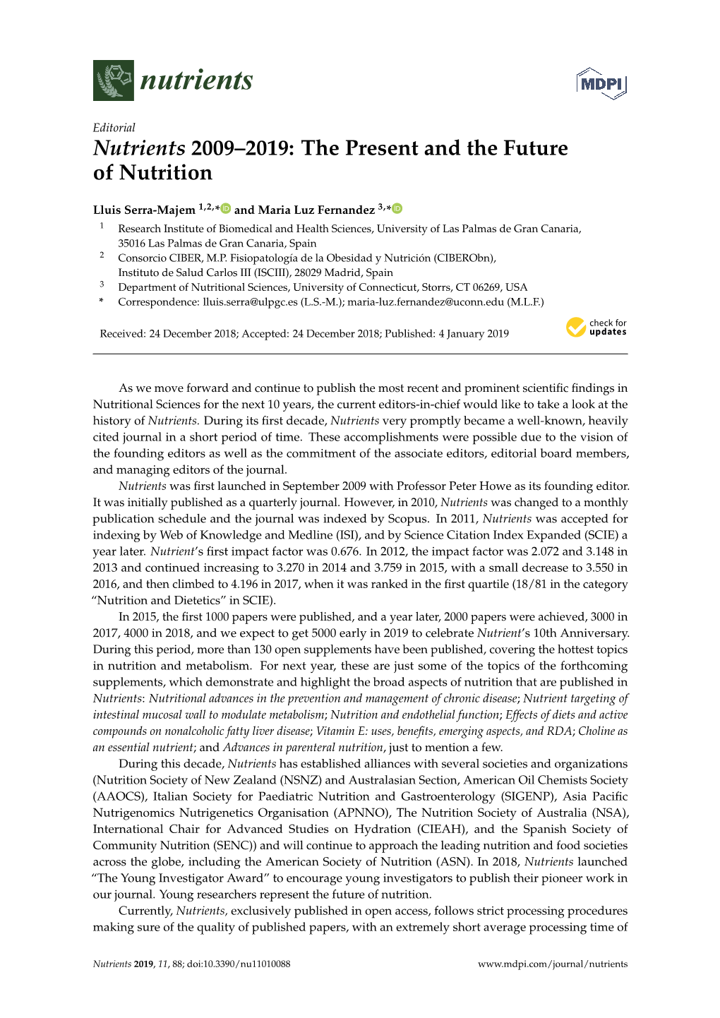 Nutrients 2009–2019: the Present and the Future of Nutrition