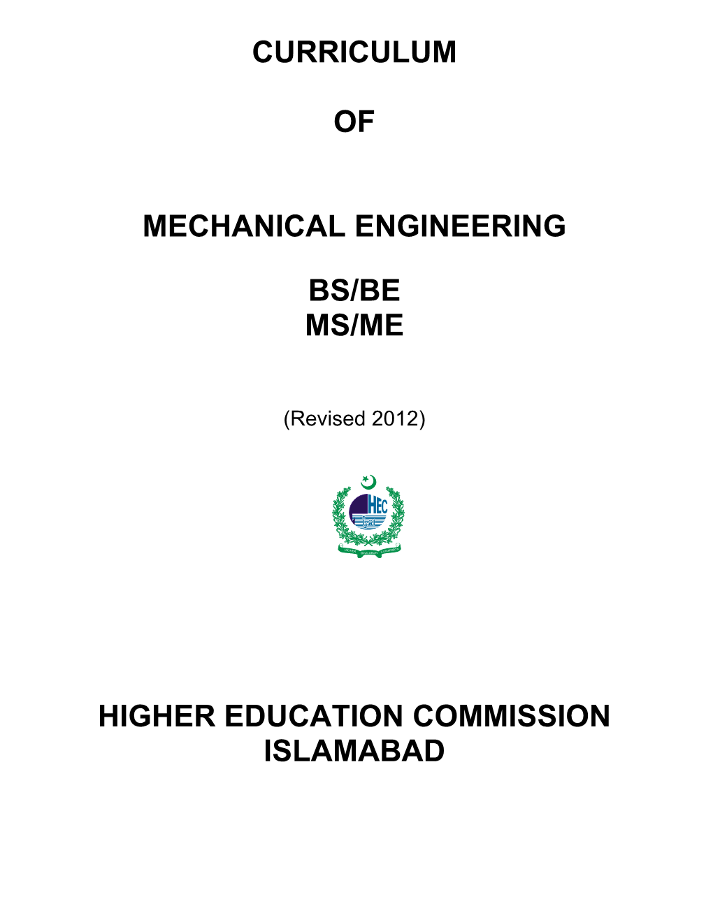 Curriculum of Mechanical Engineering Bs/Be Ms/Me
