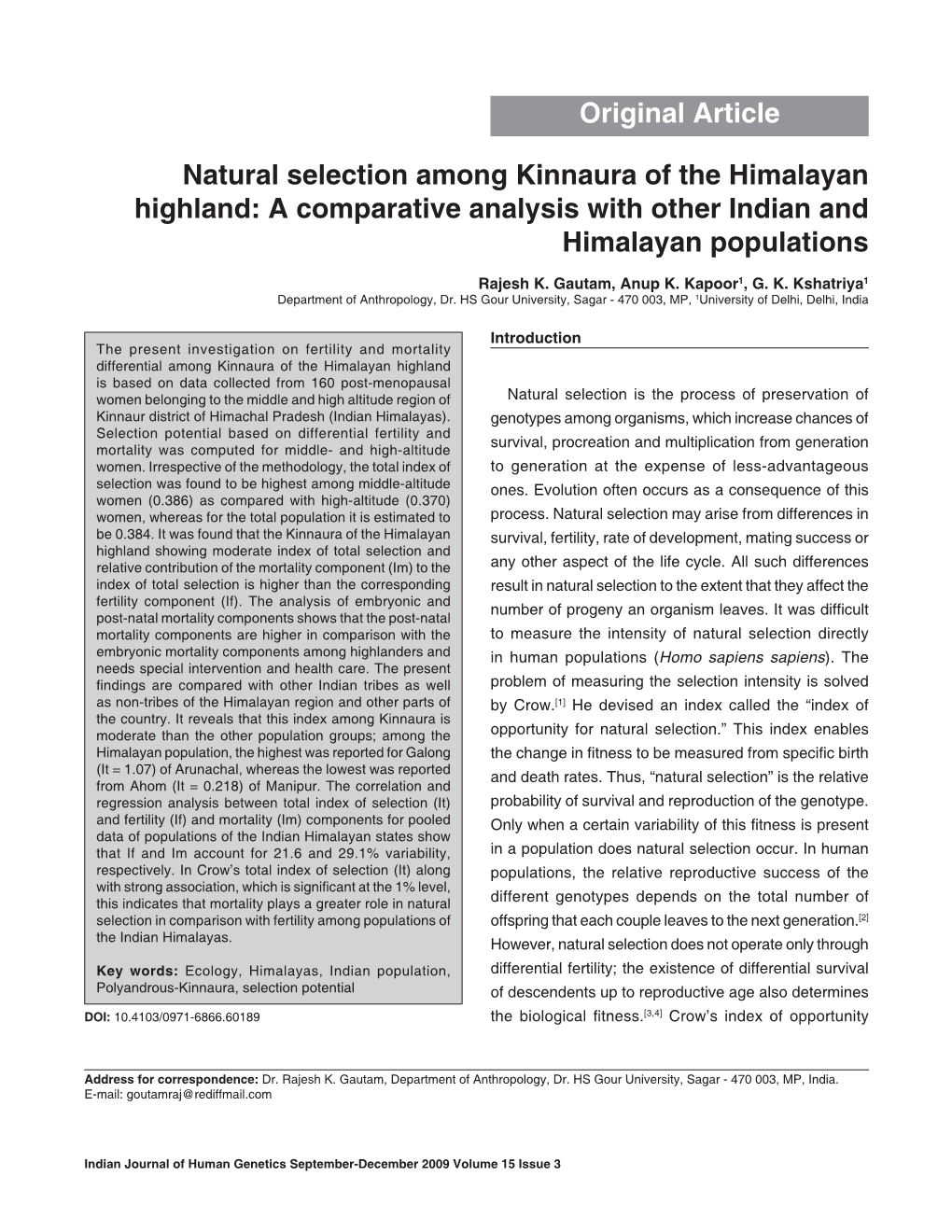 Natural Selection Among Kinnaura of the Himalayan Highland: a Comparative Analysis with Other Indian and Himalayan Populations