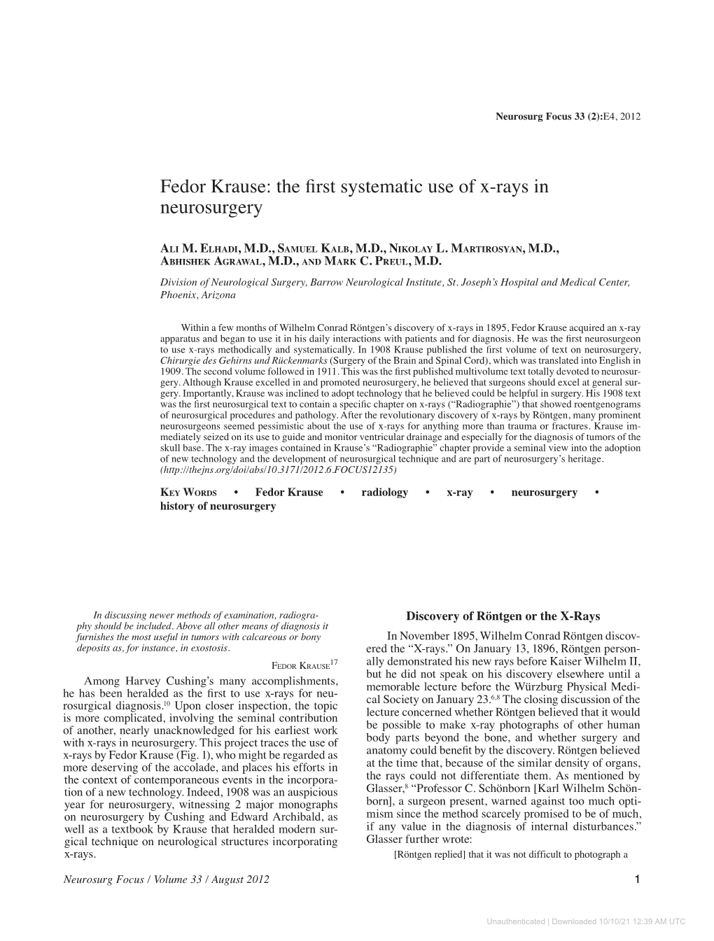 Fedor Krause: the First Systematic Use of X-Rays in Neurosurgery