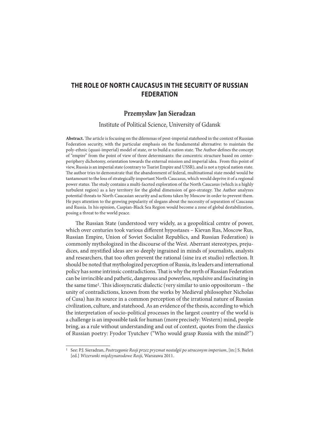 The Role of North Caucasus in the Security of Russian Federation