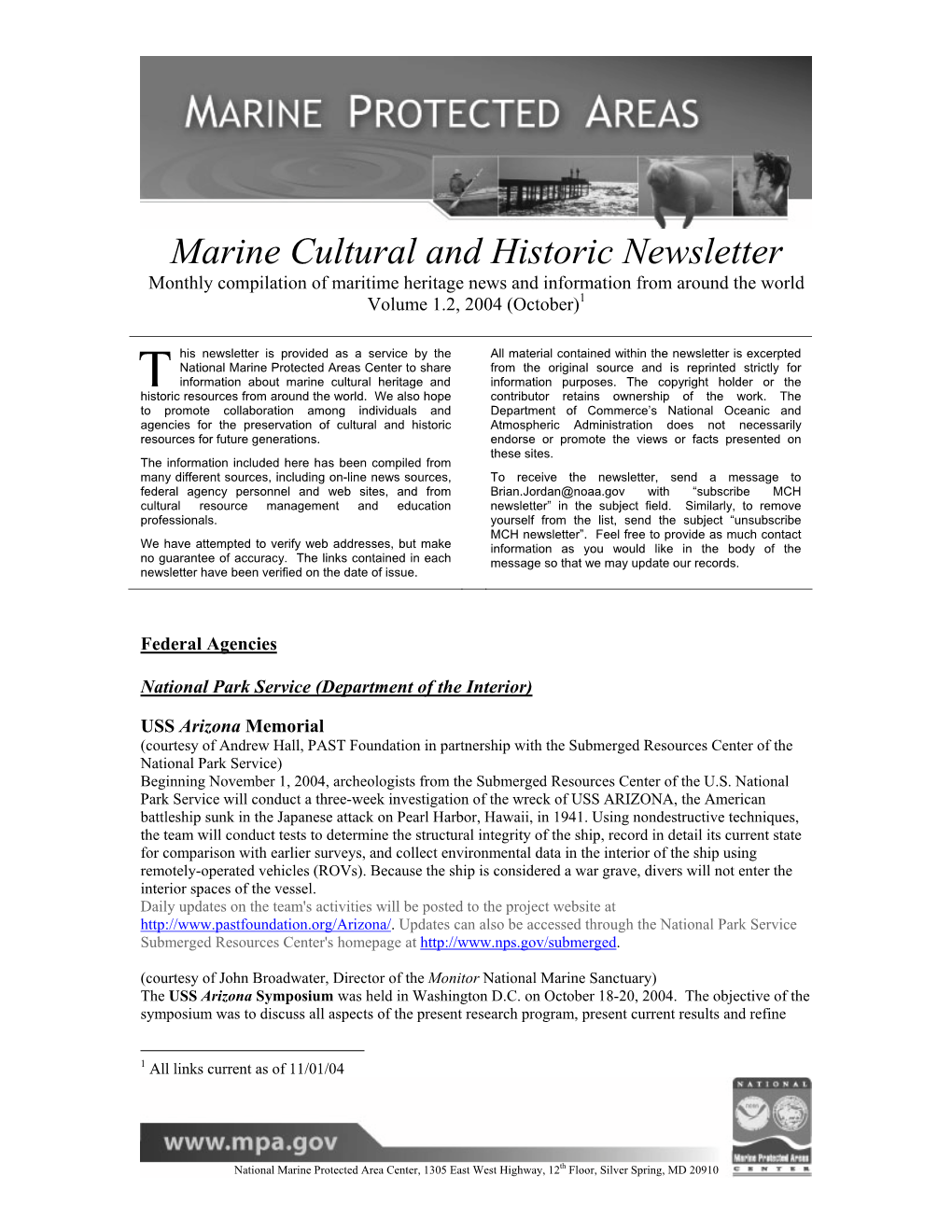 Marine Cultural and Historic Newsletter Monthly Compilation of Maritime Heritage News and Information from Around the World Volume 1.2, 2004 (October)1