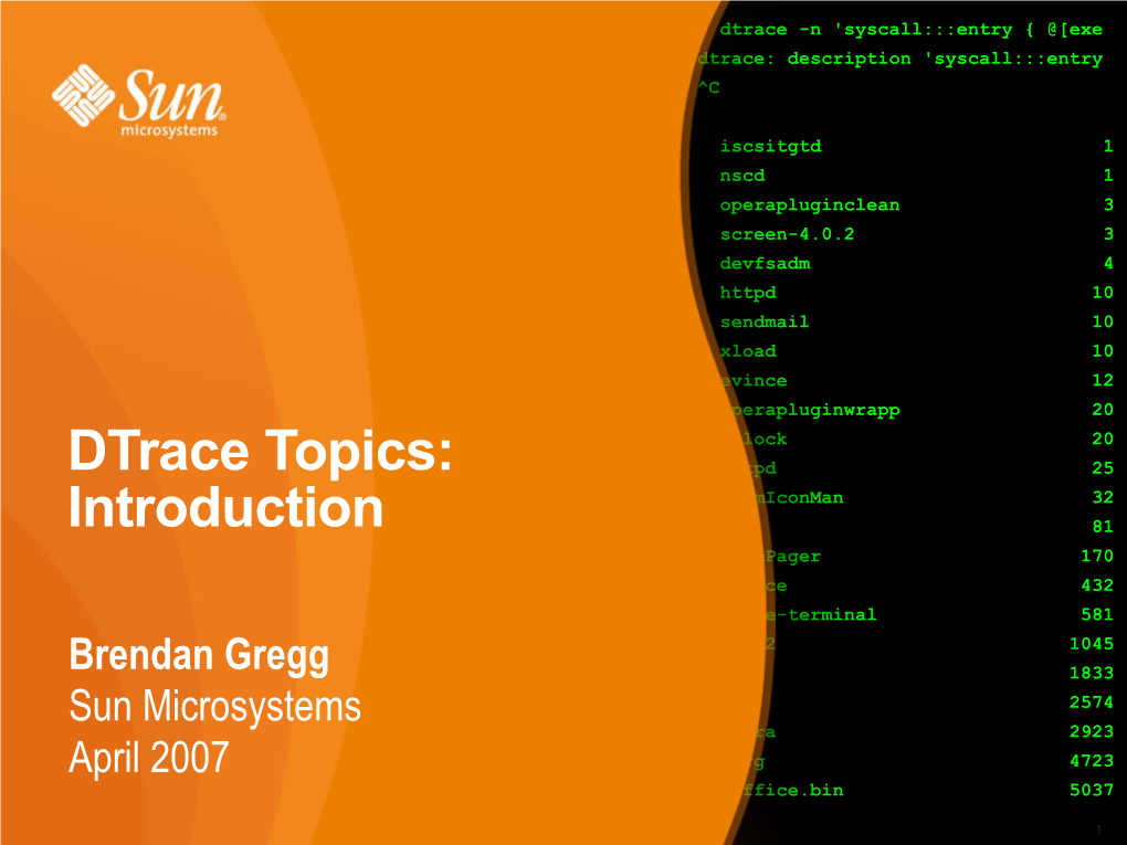 Dtrace Topics: Introduction • This Presentation Is an Introduction to Dtrace, and Is Part of the “Dtrace Topics” Collection