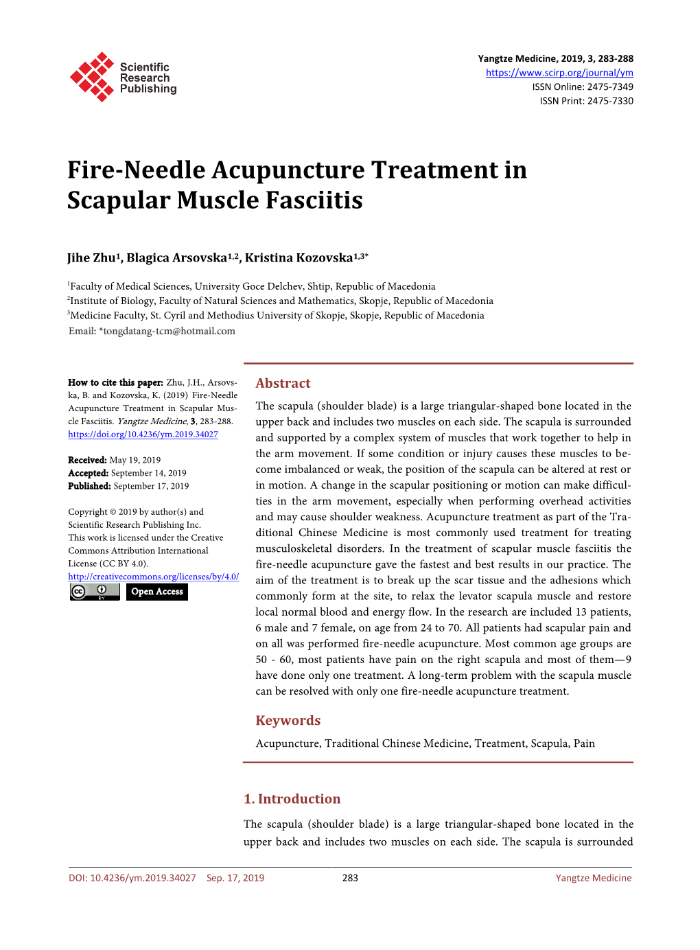 Fire-Needle Acupuncture Treatment in Scapular Muscle Fasciitis