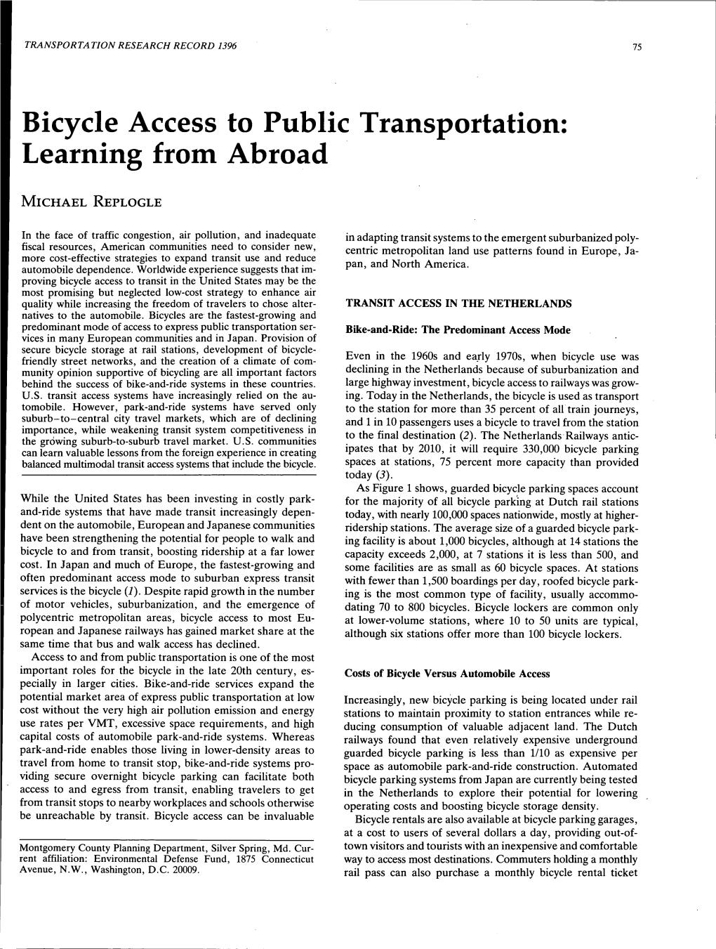 Bicycle Access to Public Transportation: Learning from Abroad