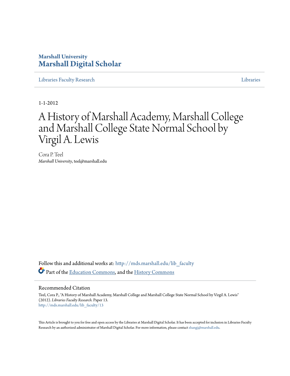 A History of Marshall Academy, Marshall College and Marshall College State Normal School by Virgil A