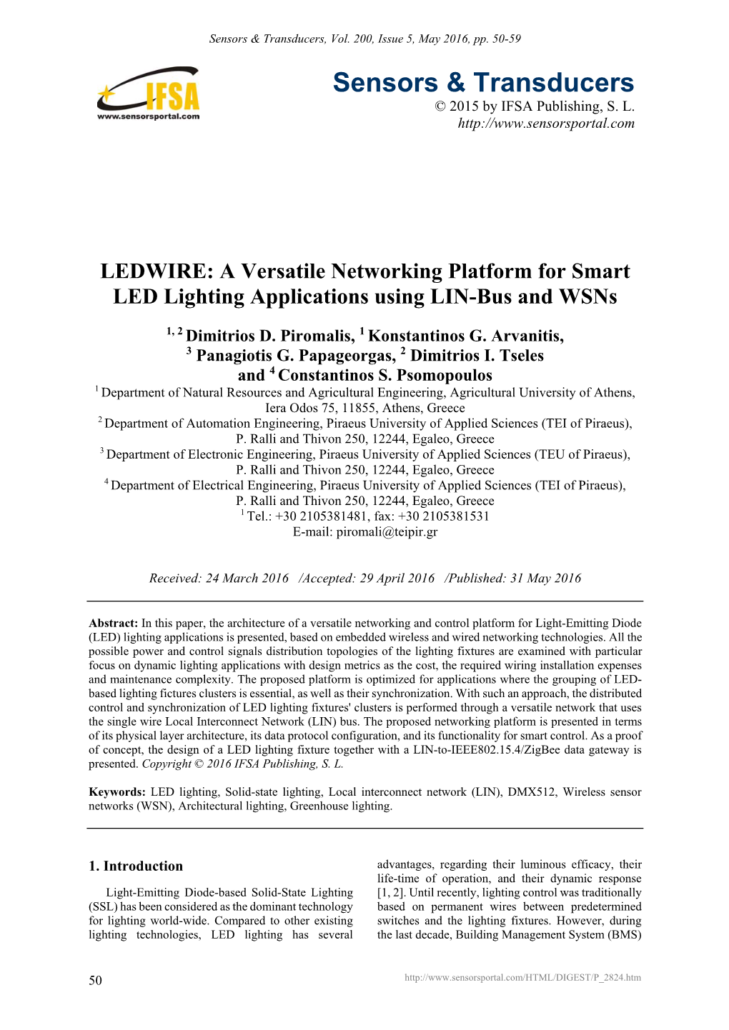 LEDWIRE: a Versatile Networking Platform for Smart LED Lighting Applications Using LIN-Bus and Wsns