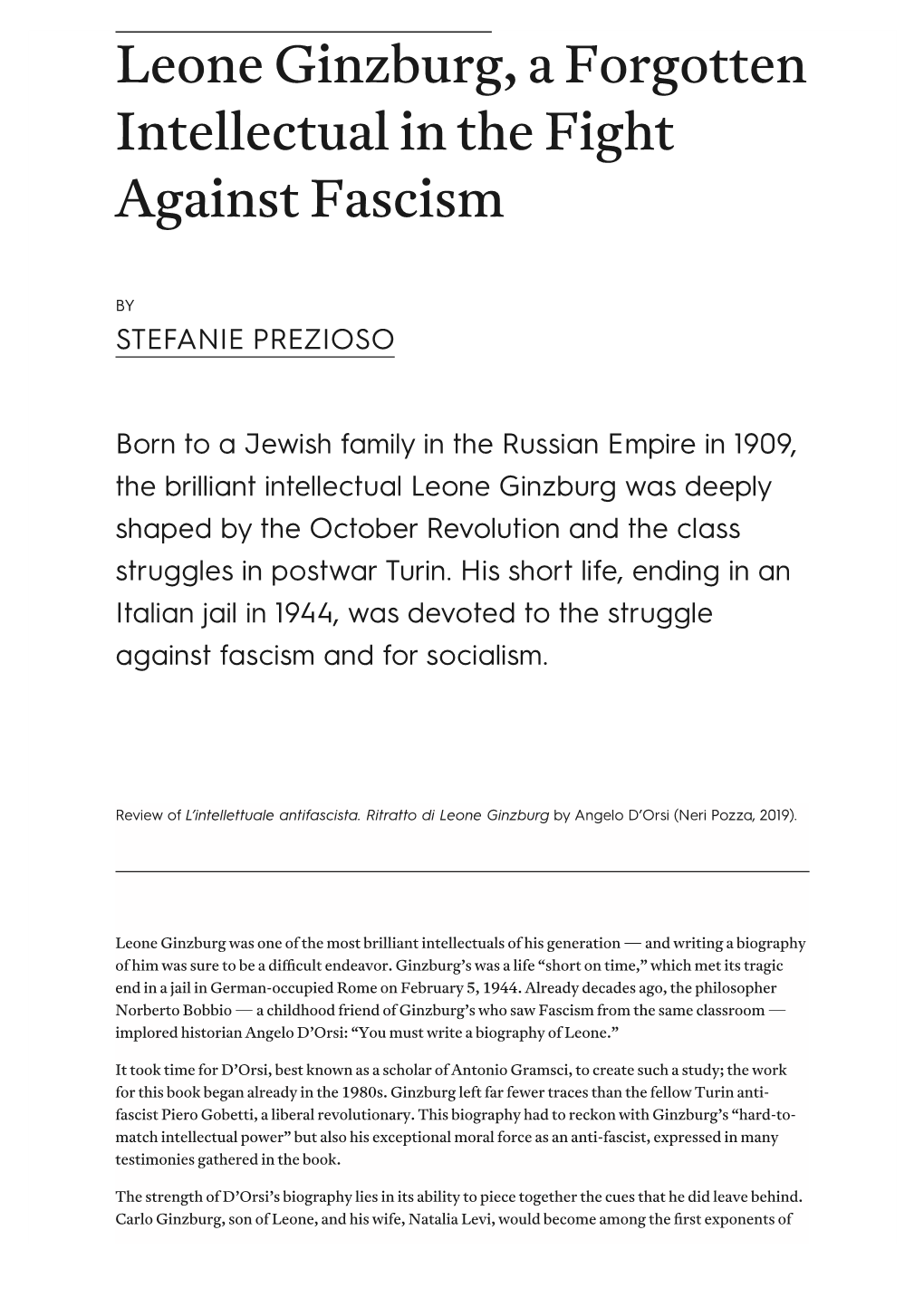 Leone Ginzburg, a Forgotten Intellectual in the Fight Against Fascism